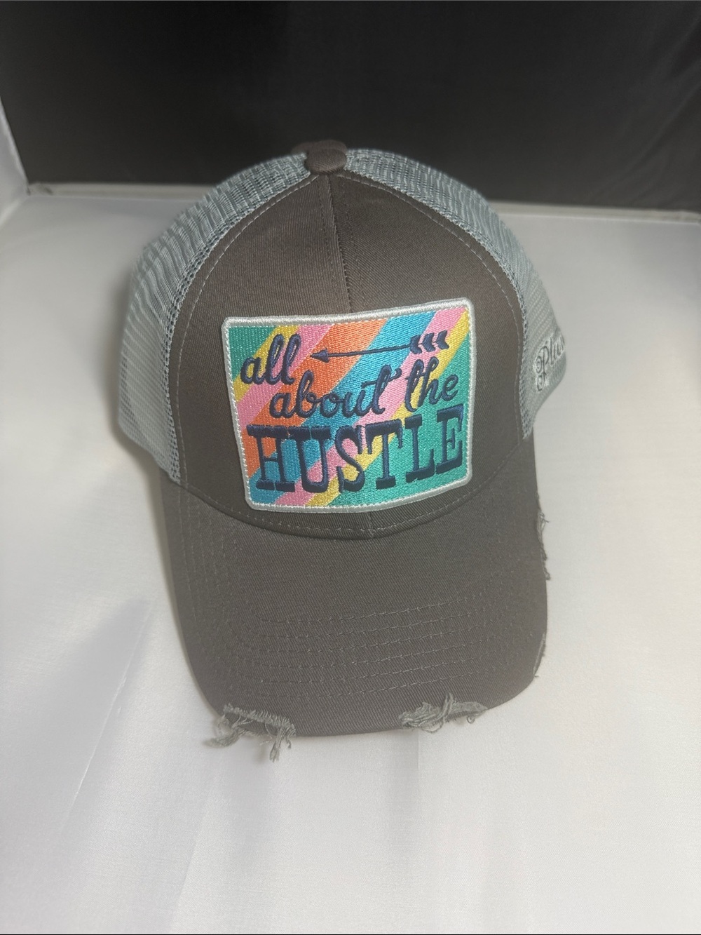 “All About the Hustle” Distressed Trucker Hat Snapback NWT